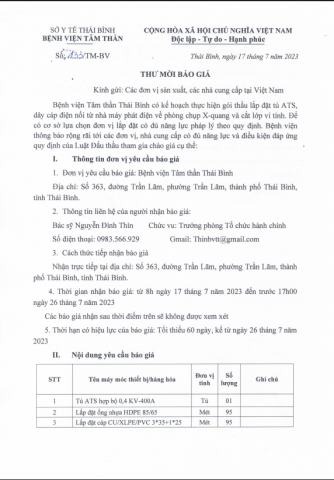 THƯ MỜI BÁO GIÁ THIẾT BỊ ĐIỆN
