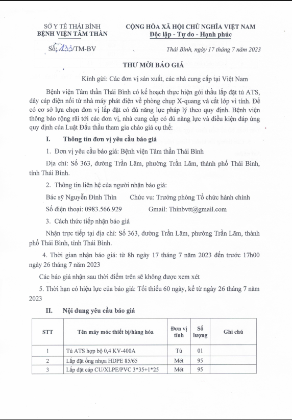 THƯ MỜI BÁO GIÁ THIẾT BỊ ĐIỆN